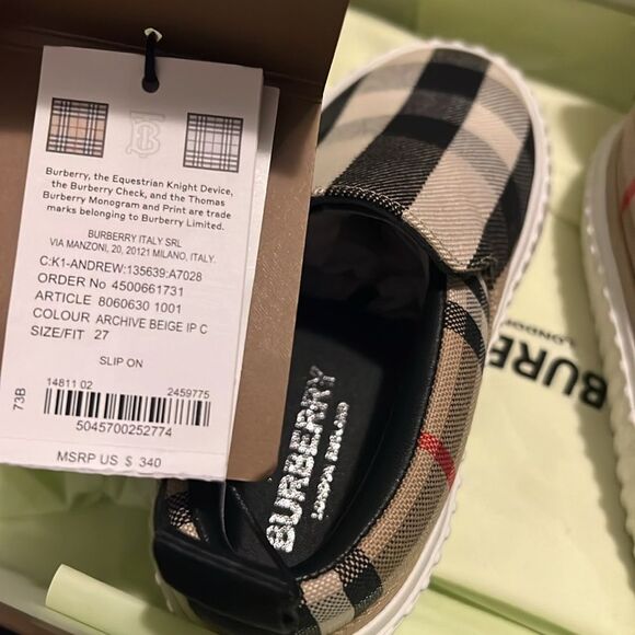 Burberry Kid's Andrew Check Slip-On Sneakers, Archive Beige, NWT, Size 27 - Picture 3 of 6